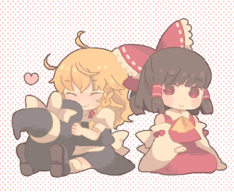 :> ascot bad_id bare_shoulders blonde_hair bow braid brown_hair closed_eyes detached_sleeves eyes_closed hair_bow hair_tubes hakurei_reimu hat heart holding holding_hat keyaki_(mora_ll) kirisame_marisa long_hair multiple_girls red_eyes shoes single_braid sitting smile socks touhou