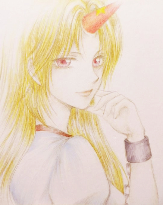 blonde_hair bust chain chains colored_pencil_(medium) cuffs ears eyelashes hand_on_own_face hazuki_iku horn hoshiguma_yuugi light_smile lips long_hair looking_at_viewer looking_back manacles marker_(medium) nose pink_background red_eyes short_sleeves simple_background solo star touhou traditional_media