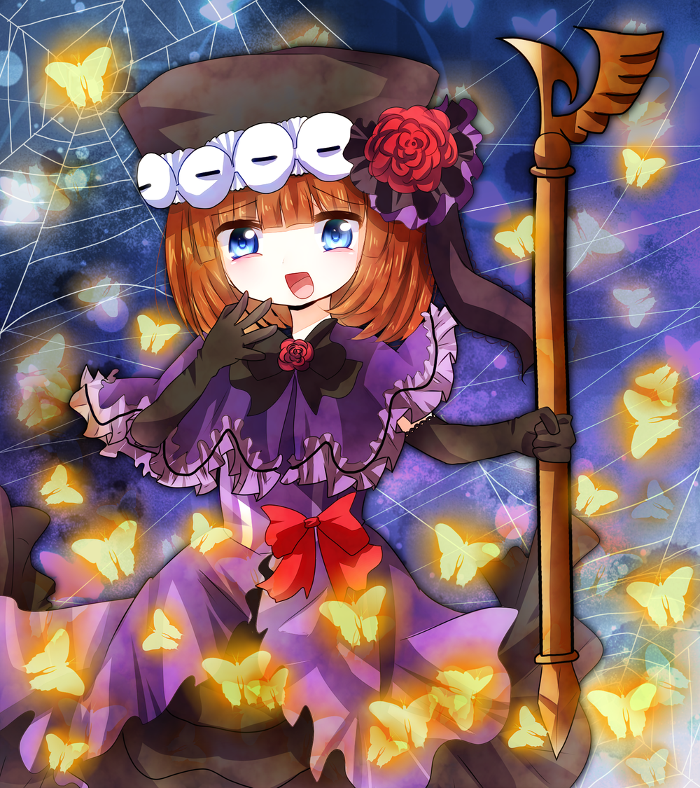 bad_id blue_eyes bow butterfly capelet dress elbow_gloves eva_beatrice flower gloves hat laughing open_mouth orange_hair ribbon rose solo spider_web staff tubamelove umineko_no_naku_koro_ni