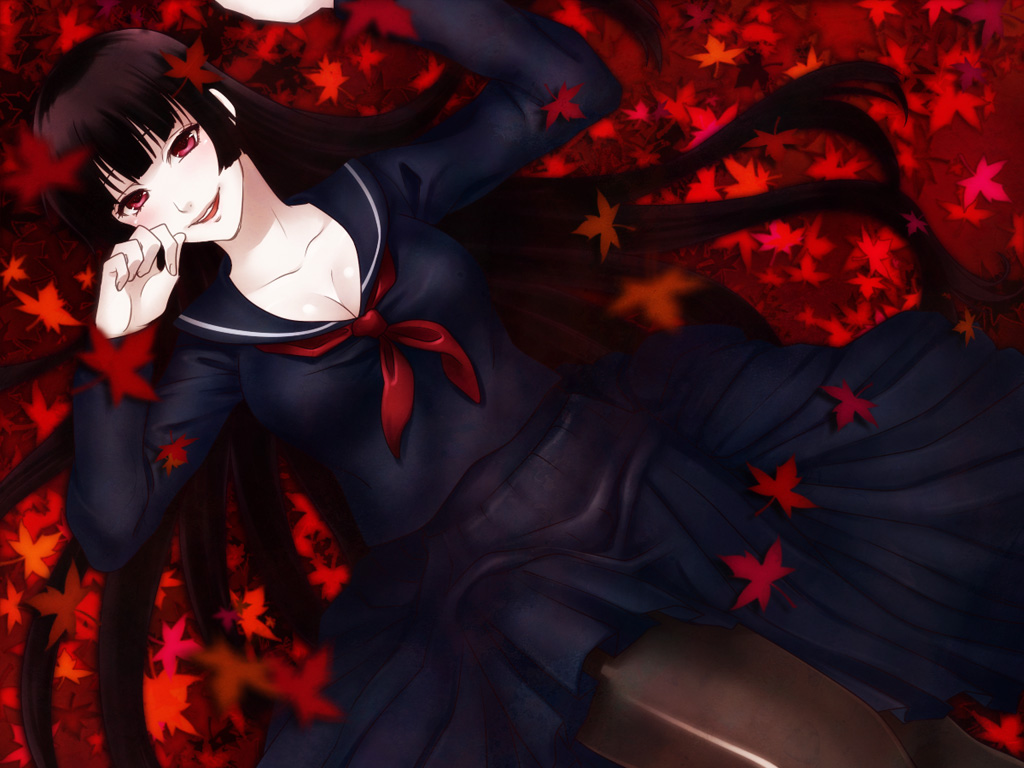 black_hair breasts cleavage grin hime_cut kanoe_yuuko large_breasts leaf long_hair loup-garou on_back open_mouth pantyhose pleated_skirt red_eyes school_uniform serafuku skirt smile solo tasogare_otome_x_amnesia