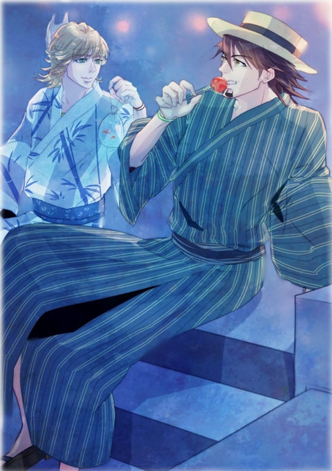 barnaby_brooks_jr blonde_hair brown_eyes brown_hair candy_apple facial_hair fish glasses goldfish green_eyes hat japanese_clothes kaburagi_t_kotetsu kimono kyou1113 male multiple_boys pinstripe_pattern porkpie_hat stubble tiger_&_bunny