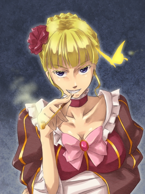 aokiri_(dolce) beatrice blonde_hair blue_eyes breasts butterfly choker grin kiseru looking_at_viewer pipe smile solo umineko_no_naku_koro_ni