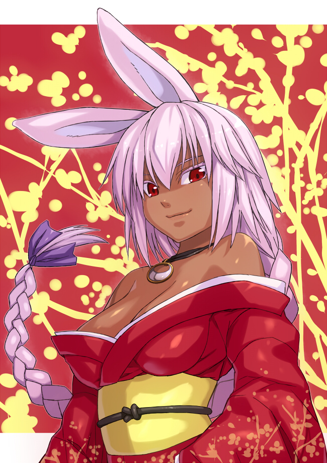 animal_ears bare_shoulders braid breasts bunny_ears cleavage dark_skin japanese_clothes jewelry kimono kiyoko3sai lavender_hair lipstick long_hair looking_at_viewer makeup necklace original rabbit_ears red_eyes smile solo