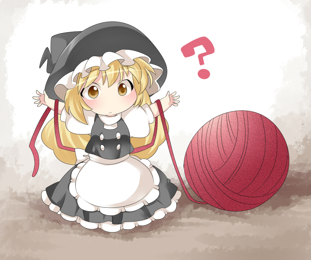 ? aenobas ball_of_string blonde_hair chibi curious dress hammer_(sunset_beach) hat kirisame_marisa long_hair miniskirt outstretched_arms red_string skirt solo string touhou witch_hat yarn yellow_eyes