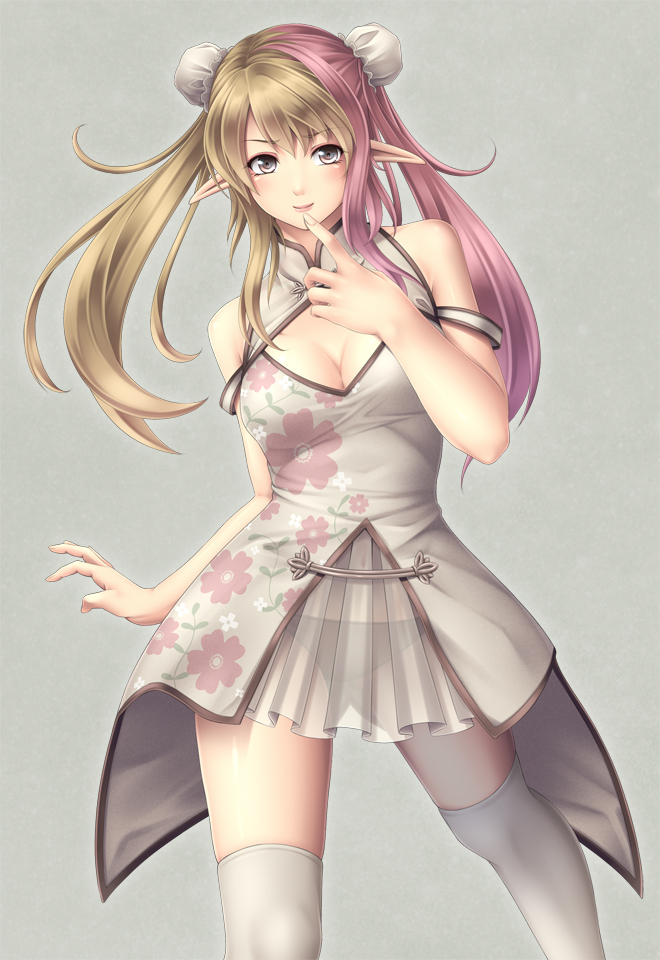 blonde_hair blush breasts center_opening cleavage double_bun elf finger_to_mouth grey_background grey_eyes mochi.f multicolored_hair navel original panties pink_hair pointy_ears see-through silver_eyes smile solo thigh-highs thighhighs two-tone_hair underwear white_legwear