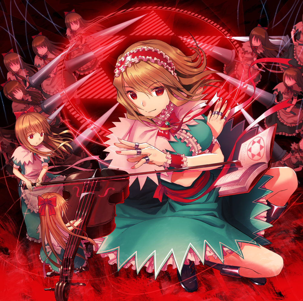 alice_margatroid blonde_hair book boots bow crossed_arms doll hair_bow hairband hexagram instrument kichiroku lance long_hair looking_at_viewer open_book polearm red_eyes shanghai_doll smile solo touhou violin weapon wrist_cuffs
