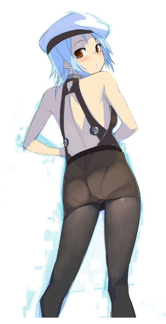 bare_back bare_shoulders beret blue_hair brown_eyes carol_(guilty_crown) guilty_crown guilty_crown_lost_christmas hat highres legs namaniku_atk nitroplus panties panties_under_pantyhose pantyhose pantylines skirt thighs underwear