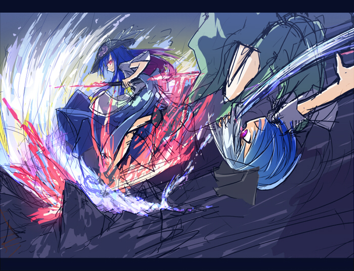 apron bad_id battle blue_hair food fruit glowing glowing_eyes gradient_hair hair_ribbon hat hinanawi_tenshi ichiyan konpaku_youmu leaf long_hair long_skirt multicolored_hair multiple_girls open_mouth peach pink_hair red_eyes ribbon short_sleeves skirt sword sword_of_hisou touhou upside-down very_long_hair weapon wide_sleeves