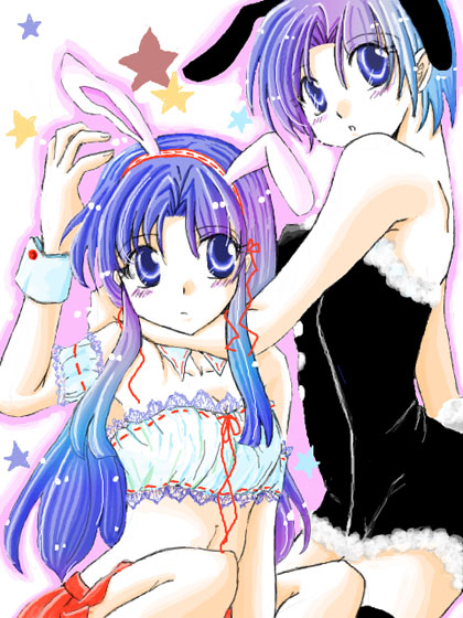 2_personas 2girls animal_ears blue_eyes blue_hair bunny_ears bunny_girl bunny_tail bunnysuit dual_persona kisaragi_mizuka kneeling long_hair ranma_1/2 shor_hair short_hair sitting tendou_akane