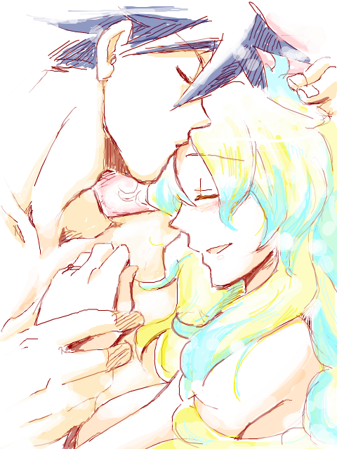 closed_eyes couple eyes_closed forehead_kiss hand_holding holding_hands jewelry kiss multicolored_hair nia_teppelin rikko rikko_(peso) ring shirtless simon tegaki tengen_toppa_gurren_lagann topless two-tone_hair