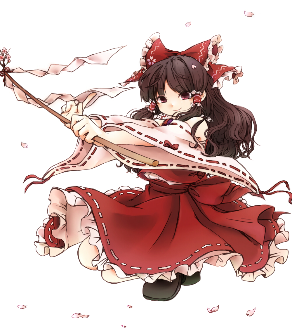bow brown_hair detached_sleeves gohei hair_bow hair_tubes hakurei_reimu long_hair ofuda petals red_eyes siroooo solo squatting touhou