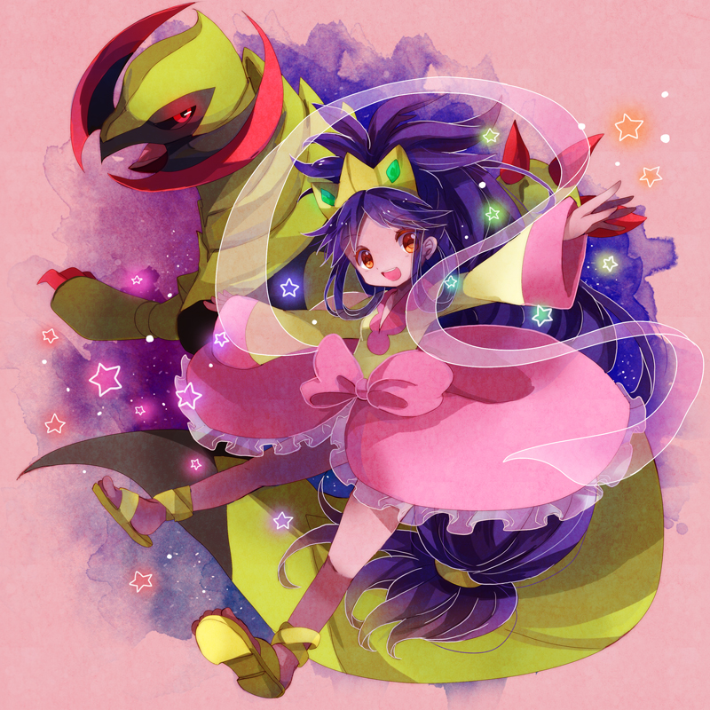 brown_eyes champion crown dark_skin dress efu frilled_dress frills haxorus iris_(pokemon) long_hair pokemon pokemon_(game) pokemon_bw2 purple_hair ribbon sandals smile star very_long_hair whitewashed wide_sleeves
