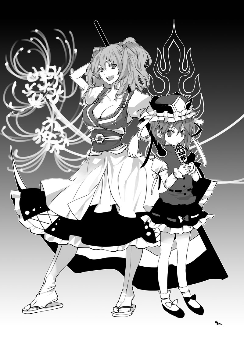 bad_id breasts cleavage gm_(noatake) hair_bobbles hair_ornament hat height_difference monochrome multiple_girls obi onozuka_komachi open_mouth rod_of_remorse scythe shikieiki_yamaxanadu short_hair short_twintails skirt smile tabi touhou twintails
