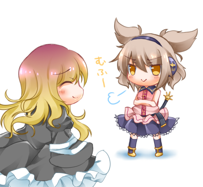 :> belt black_dress chibi closed_eyes crossed_arms dress eyes_closed gradient_hair hands_in_sleeves headphones hijiri_byakuren kneehighs kyuujou_mikuru light_brown_hair multicolored_hair multiple_girls simple_background sleeveless sleeveless_shirt smile sword touhou toyosatomimi_no_miko weapon white_background yellow_eyes