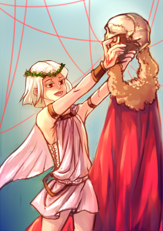armband cape command_spell dark_persona fate/zero fate_(series) ffw2009 greece head_wreath male red_eyes skull solo toga tunic waver_velvet white_hair