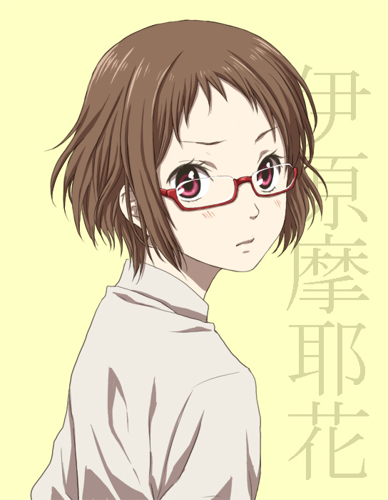 bespectacled brown_hair character_name glasses hyouka ibara_mayaka purple_eyes rito453 semi-rimless_glasses short_hair simple_background solo under-rim_glasses violet_eyes
