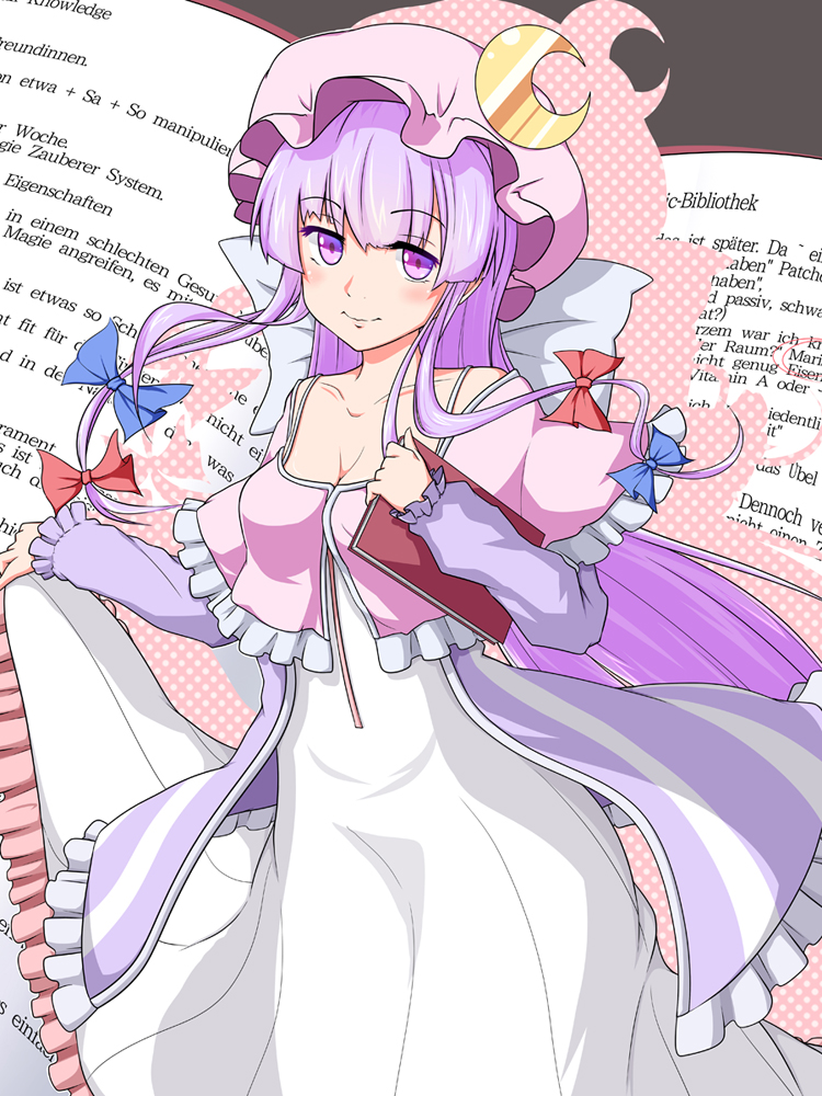 adapted_costume blush book breasts capelet cleavage collarbone crescent detached_sleeves german hat long_hair long_skirt long_sleeves nogisaka_kushio patchouli_knowledge purple_eyes purple_hair skirt smile solo touhou very_long_hair violet_eyes
