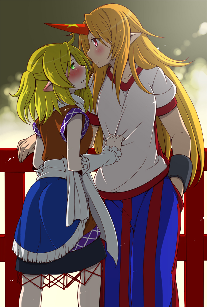 2girls blonde_hair blush bridge collarbone cuffs detached_sleeves ear_blush eichi_yuu green_eyes horn hoshiguma_yuugi long_hair mizuhashi_parsee multiple_girls pointy_ears ponytail puffy_sleeves red_eyes shirt_grab short_hair short_sleeves star t-shirt touhou very_long_hair