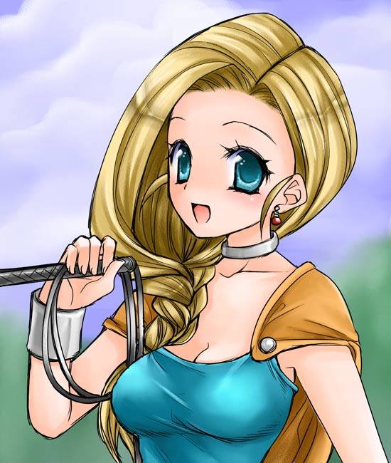 :d bianca blonde_hair blue_eyes braid breasts cape chiru choker cleavage dragon_quest dragon_quest_v earrings hair_over_shoulder jewelry long_hair open_mouth single_braid smile solo whip