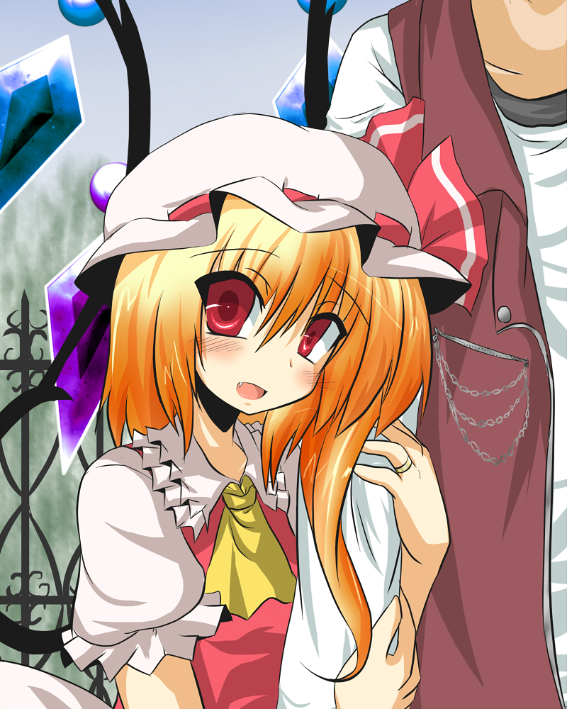 1girl arm_grab ascot blonde_hair blush crystal fang flandre_scarlet gomasamune hat hat_ribbon jewelry male open_mouth puffy_sleeves red_eyes ribbon ring short_hair short_sleeves side_ponytail touhou wings
