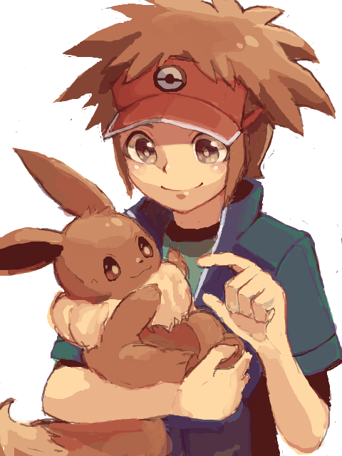 blush_stickers brown_eyes brown_hair carrying eevee jacket karatou kyouhei_(pokemon) male petting pokemon pokemon_(game) pokemon_bw2 simple_background smile tegaki visor visor_cap white_background