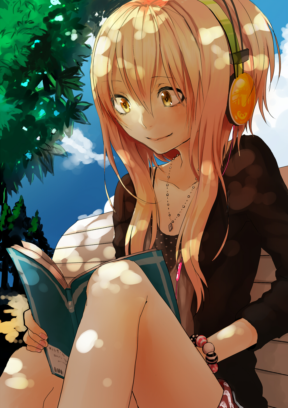 blonde_hair book headphones highres hijiri-ssh jewelry long_hair nail_polish original park pendant reading shorts sitting smile solo thighs yellow_eyes