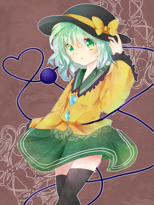 black_legwear blush eyeball green_eyes green_hair hat hat_ribbon heart komeiji_koishi open_mouth ribbon short_hair silver_hair skirt solo sun_hat thighhighs third_eye touhou tsukikusa