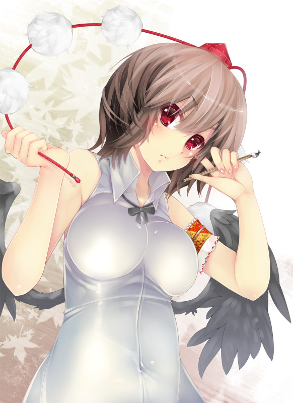 armband bare_shoulders black_hair black_wings breasts bust hat highres impossible_clothes impossible_shirt large_breasts pen red_eyes serizawa_mutsuki shameimaru_aya short_hair skin_tight sleeveless solo tokin_hat touhou wings