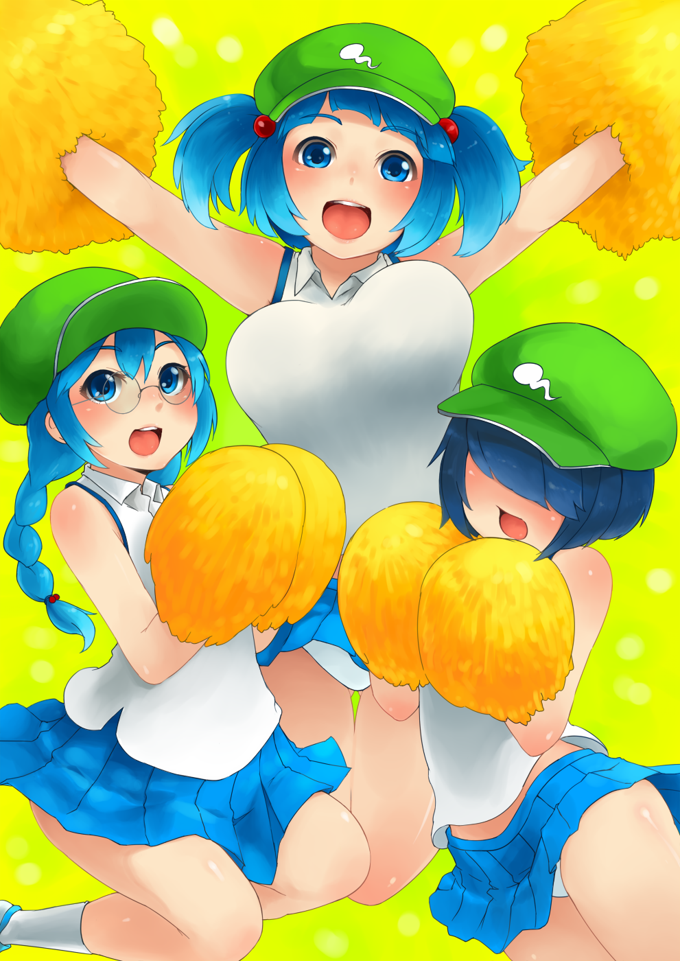 :d alternate_costume armpits arms_up blue_eyes blue_hair blush bouncing_breasts braid breasts cheerleader dark_haired_kappa extra glasses glasses_kappa hair_bobbles hair_ornament hair_over_eyes hat highres kappa_mob kawashiro_nitori large_breasts long_hair multiple_girls open_mouth panties pom_poms sakushin short_hair short_twintails skirt smile touhou twin_braids twintails underwear white_panties