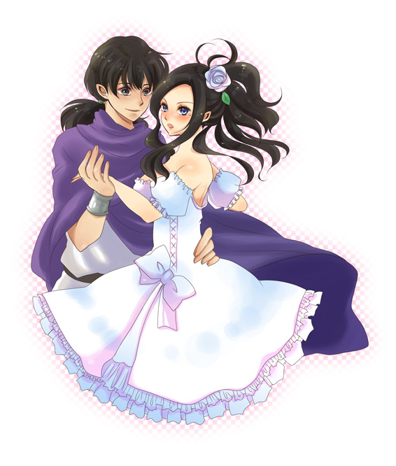 1girl black_hair blue_eyes blush cape couple dancing deborah dragon_quest dragon_quest_v dress flower hair_flower hair_ornament hair_up hand_holding hero_(dq5) holding_hands icomemo open_mouth wedding_dress
