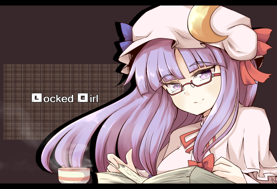 bespectacled book bow crescent cup glasses hair_bow hat long_hair looking_at_viewer patchouli_knowledge purple_eyes purple_hair reading smile solo soramuko steam teacup touhou violet_eyes