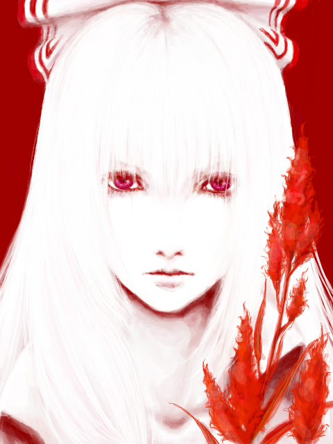 expressionless face fujiwara_no_mokou looking_at_viewer pale_skin plant realistic red_background red_eyes saiko_(helter_skelter12) solo touhou white_hair