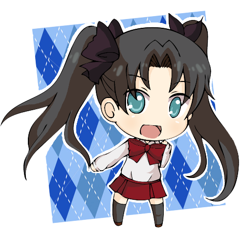 argyle argyle_background black_hair black_legwear blue_eyes chibi fate/zero fate_(series) hair_ribbon long_hair lowres ribbon skirt smile tohsaka_rin toosaka_rin twintails yaya-9_(ximsol)