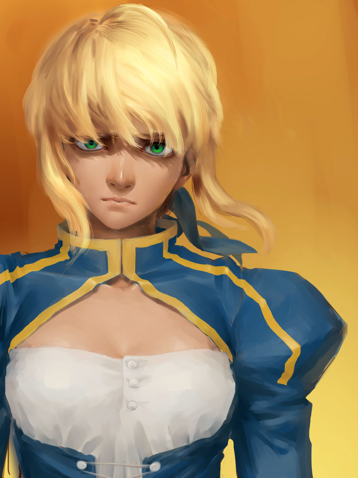 1girl blonde_hair cleavage_cutout dress fate/stay_night fate_(series) gaoxinda green_eyes hair_ribbon highres juliet_sleeves long_sleeves puffy_shoulder_long_sleeves puffy_sleeves realistic ribbon saber solo