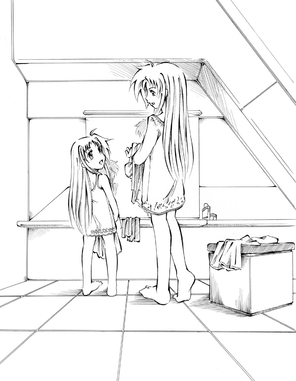 alicia_testarossa eye_contact fate_testarossa highres jason_(kaiten_kussaku_kikou) long_hair looking_at_another lyrical_nanoha mahou_shoujo_lyrical_nanoha mahou_shoujo_lyrical_nanoha_strikers monochrome multiple_girls smile time_paradox