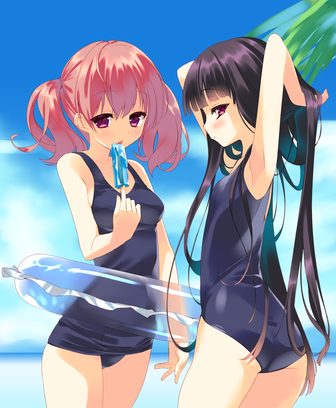 arikawa_satoru armpits arms_up black_hair blush cloud clouds food holding ice_cream innertube inu_x_boku_ss leaf licking long_hair multiple_girls one-piece_swimsuit outstretched_arms pink_hair purple_eyes roromiya_karuta school_swimsuit shirakiin_ririchiyo short_hair sky swimsuit twintails violet_eyes