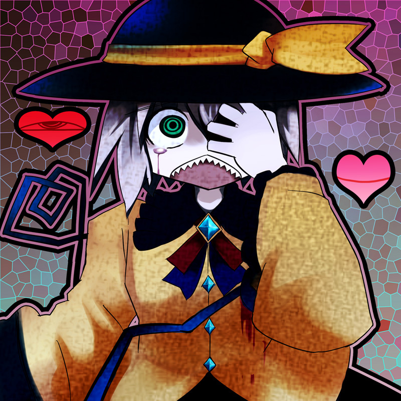 blood chipika closed_eyes covering_one_eye eyes_closed green_eyes hat hat_ribbon heart koishi_adventure komeiji_koishi long_sleeves open_mouth ribbon sharp_teeth silver_hair solo tears third_eye touhou wide_sleeves