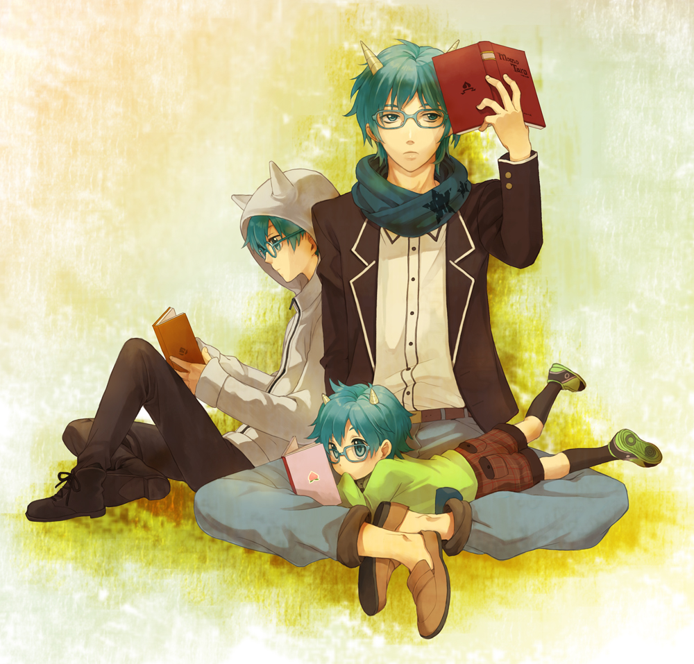 blue_hair book copyright_request demon_horns duel_in_wonderland glasses hand_to_mouth holding hoodie lying male multiple_boys on_stomach open_book reading ryunosuke_takahashi shorts sitting takahashi_ryuunosuke