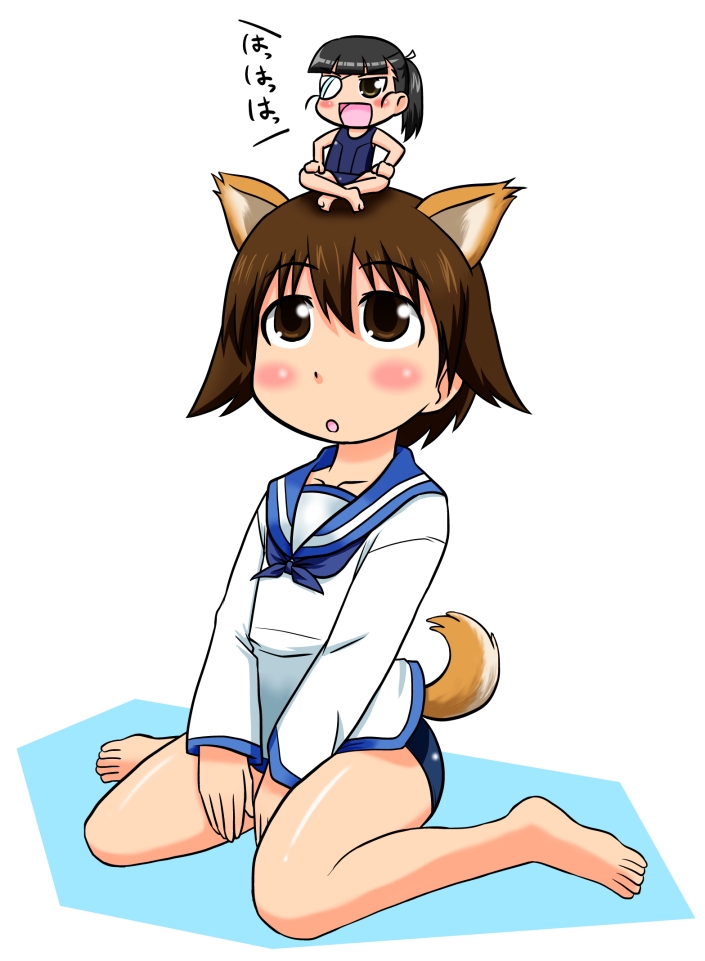 black_hair brown_eyes brown_hair chibi chibi_on_head dog_ears dog_tail eyepatch hair_ribbon ichigaso_(muhyou_joudai) laughing military military_uniform miyafuji_yoshika ponytail ribbon sakamoto_mio sitting strike_witches swimsuit swimsuit_under_clothes tail uniform wariza