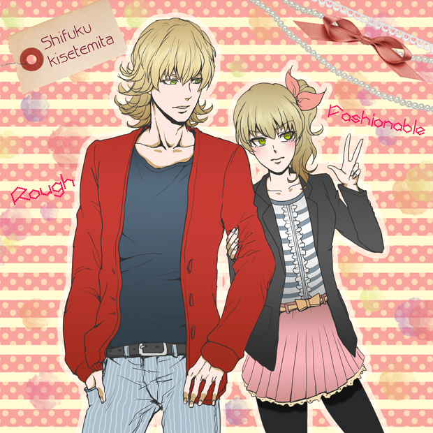1girl alternate_costume barnaby_brooks_jr blonde_hair casual dual_persona genderswap glasses green_eyes jacket kkkrrrooo pantyhose red_jacket tiger_&_bunny v