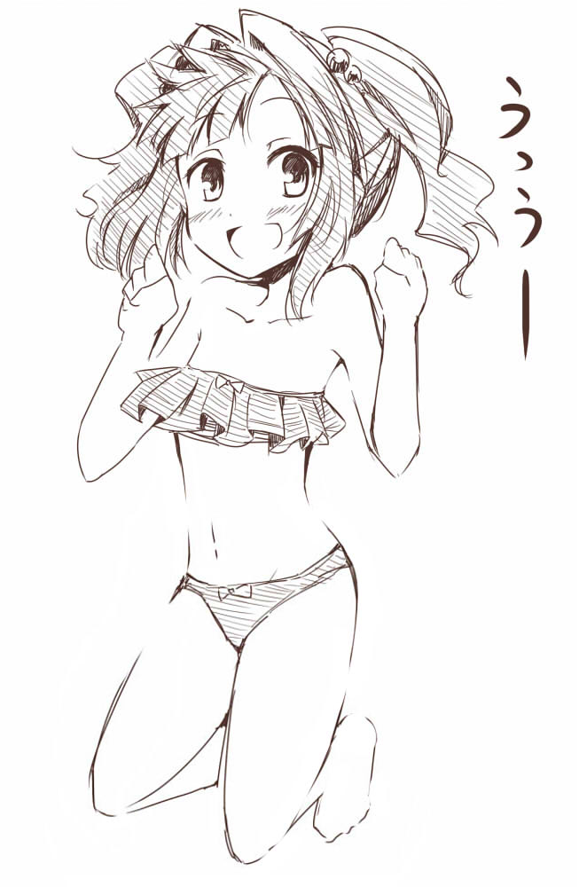 bikini blush chatamaru_(irori_sabou) copyright_request monochrome open_mouth simple_background sketch smile solo swimsuit tyata-maru white_background