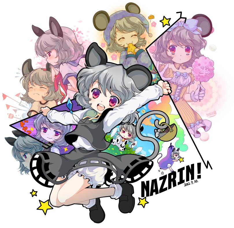 :3 alternate_costume animal animal_costume animal_ears basket bloomers blush bow character_name cheese closed_eyes cloud clouds costume cotton_candy cow_costume cow_ears cow_tail crystal eyes_closed fence gloves grey_hair gym_uniform hair_bow hat iris_anemone jewelry letter long_sleeves mouse mouse_ears mouse_tail nazrin off_shoulder open_mouth outstretched_arms pajamas pendant puffy_sleeves red_eyes school_uniform short_hair short_sleeves sky smirk sparkle star tail touhou unzan