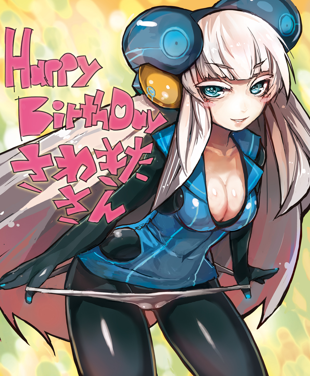 albino blue_eyes blush blush_stickers breasts cleavage electro_emilia hair_ornament highres large_breasts latex long_hair original panties panties_over_pantyhose pantyhose skin_tight solo taishi_(artist) underwear very_long_hair white_hair white_panties