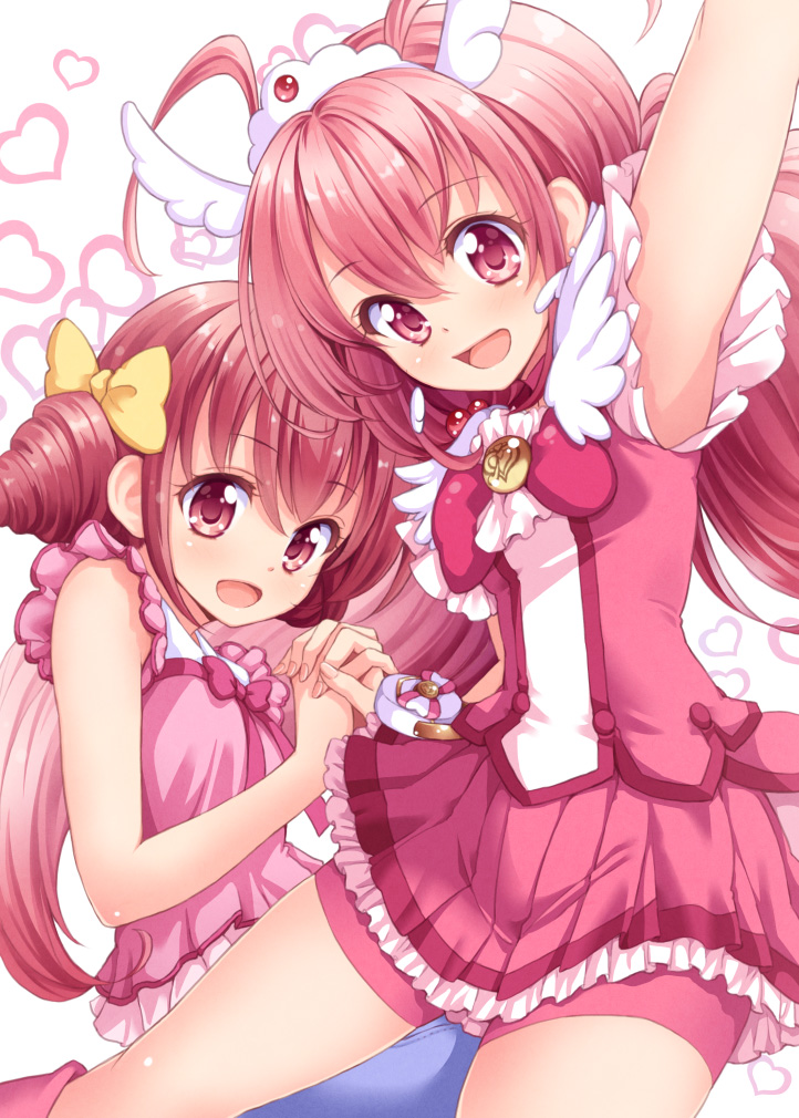 arm_up armpits bike_shorts blush bow bowtie brooch choker cure_happy dress dual_persona hair_bow hand_holding heart heart_background holding_hands hoshizora_miyuki jewelry long_hair multiple_girls pink pink_dress pink_eyes pink_hair precure short_hair short_twintails shorts_under_skirt skirt smile smile_precure! tiara tokunou_shoutarou twintails