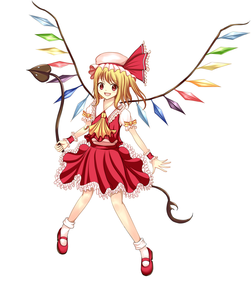 ascot blonde_hair blush crystal fang flandre_scarlet frills hat hat_ribbon laevatein open_mouth puffy_sleeves red_eyes ribbon short_hair short_sleeves solo touhou weapon white_background wings wrist_cuffs