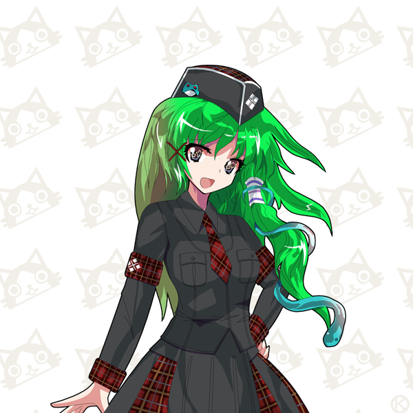 alphes_(style) armband felyne frog_hair_ornament green_hair hair_ornament hair_tubes hat healer_(armor) kaoru_(artist) kaoru_(gensou_yuugen-an) kaoru_(gensou_yuugen_an) kochiya_sanae long_hair long_sleeves military military_uniform monster_hunter parody snake_hair_ornament solo star star-shaped_pupils style_parody symbol-shaped_pupils touhou uniform
