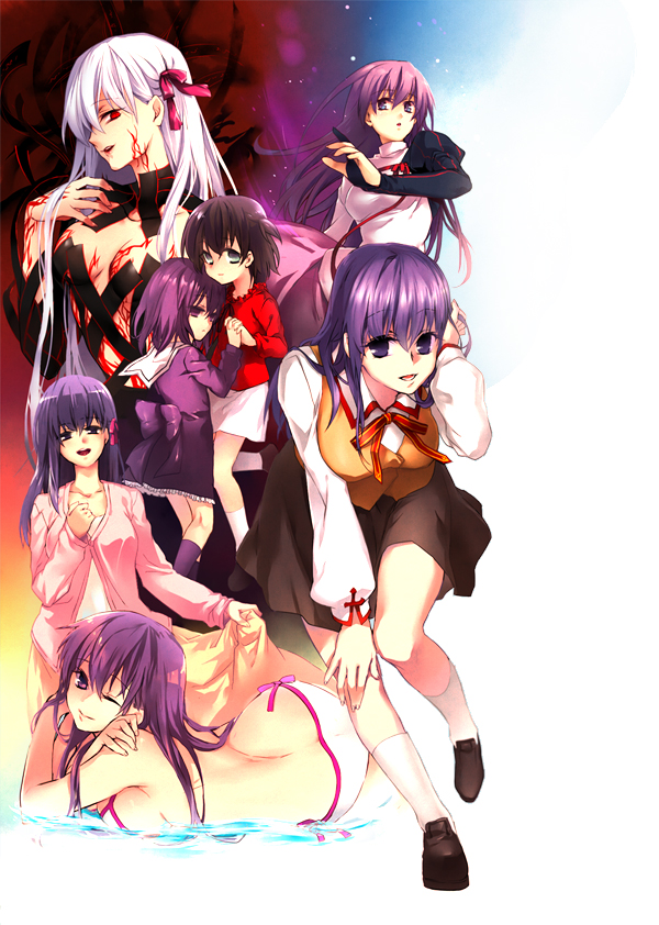 ass bikini blue_eyes brown_hair child dark_persona dark_sakura dress dual_persona empty_eyes fate/hollow_ataraxia fate/stay_night fate/zero fate_(series) hair_ribbon long_hair matou_sakura multiple_girls multiple_persona purple_eyes purple_hair red_eyes ribbon school_uniform scr.e short_hair short_twintails side-tie_bikini swimsuit teenage tohsaka_rin toosaka_rin twintails violet_eyes white_hair wink young