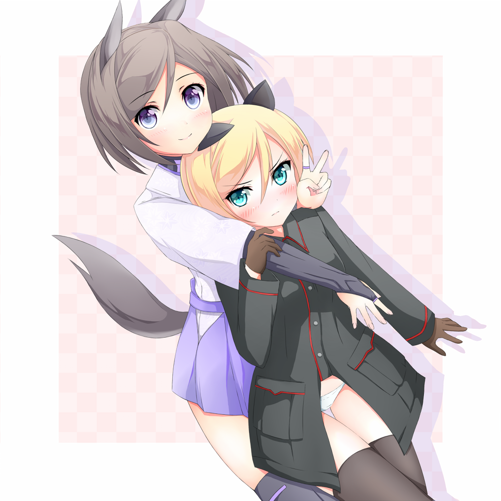 animal_ears aqua_eyes blonde_hair blue_eyes brown_hair dog_ears dog_tail gloves heinrike_prinzessin_zu_sayn-wittgenstein hug hug_from_behind kuroda_kunika military military_uniform multiple_girls strike_witches tail thigh-highs thighhighs uniform v yagurumasou zettai_ryouiki