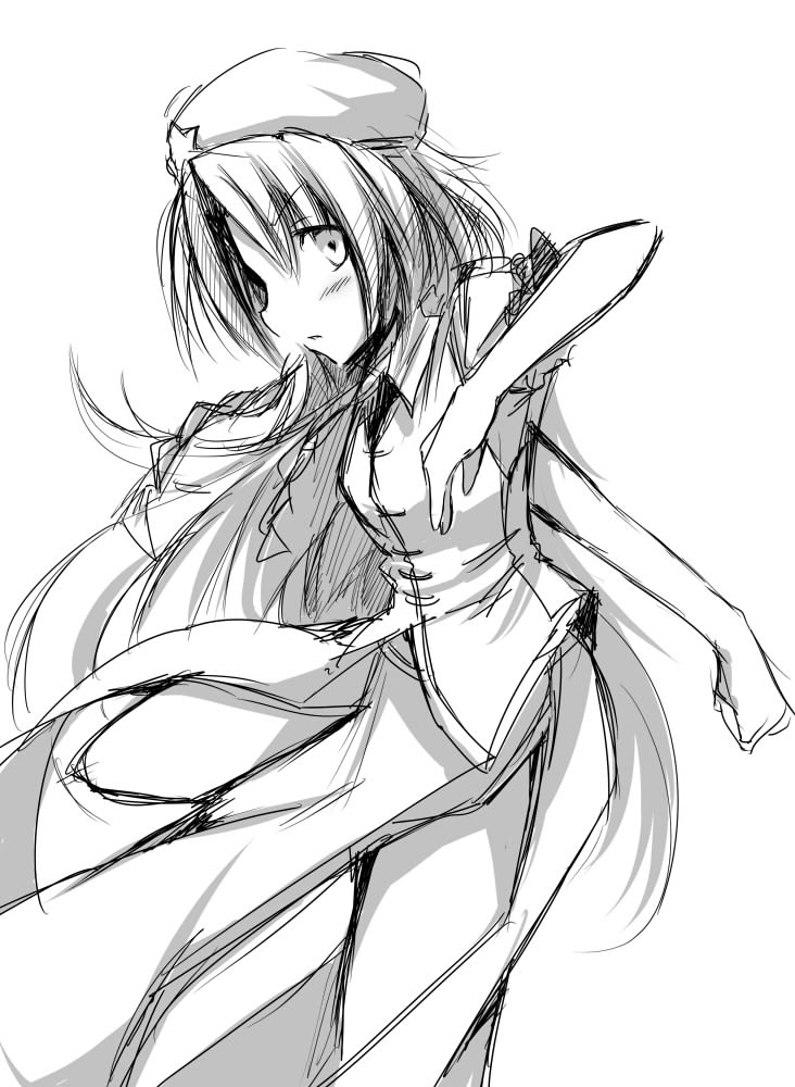 blush chatamaru_(irori_sabou) hat hong_meiling long_hair looking_at_viewer monochrome simple_background sketch solo touhou tyata-maru very_long_hair white_background