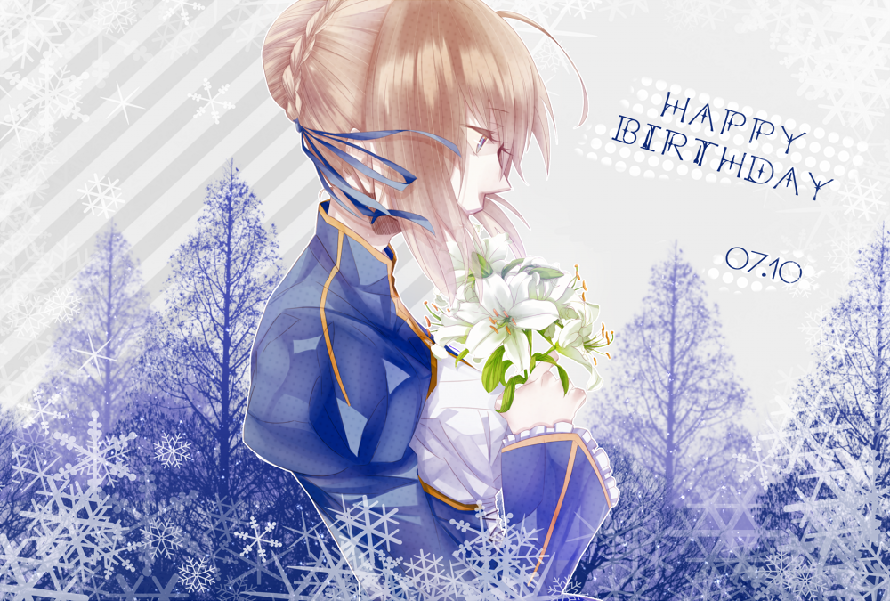 ahoge bad_id blonde_hair blue_eyes bouquet dress fate/zero fate_(series) flower hair_bun hair_ribbon lily_(flower) profile ribbon saber solo toweru